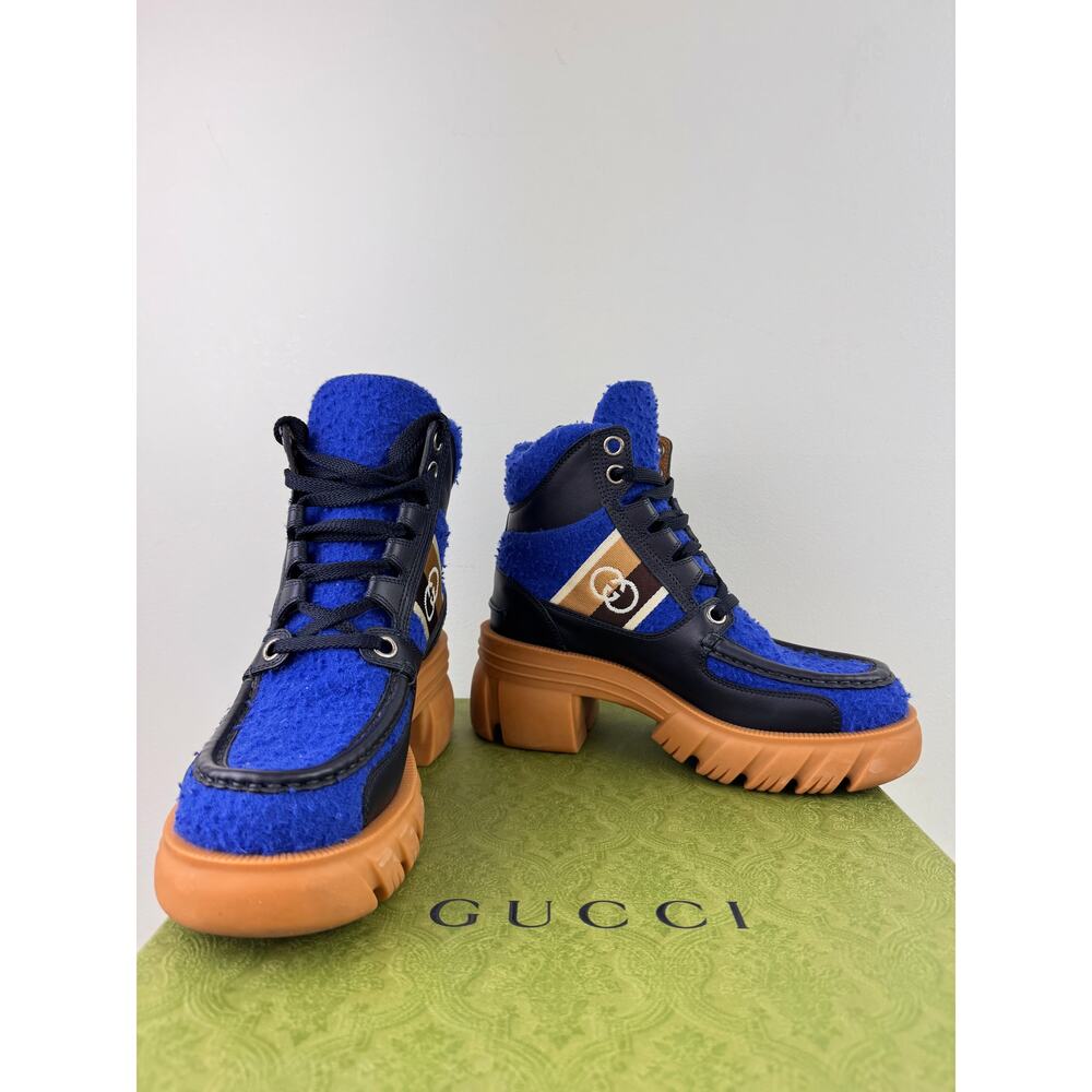 GUCCI Blue Tan Cast Wool Quebeck Calfskin Chunky Heel Boots Lace Up Size 36.5 - Picture 3 of 12